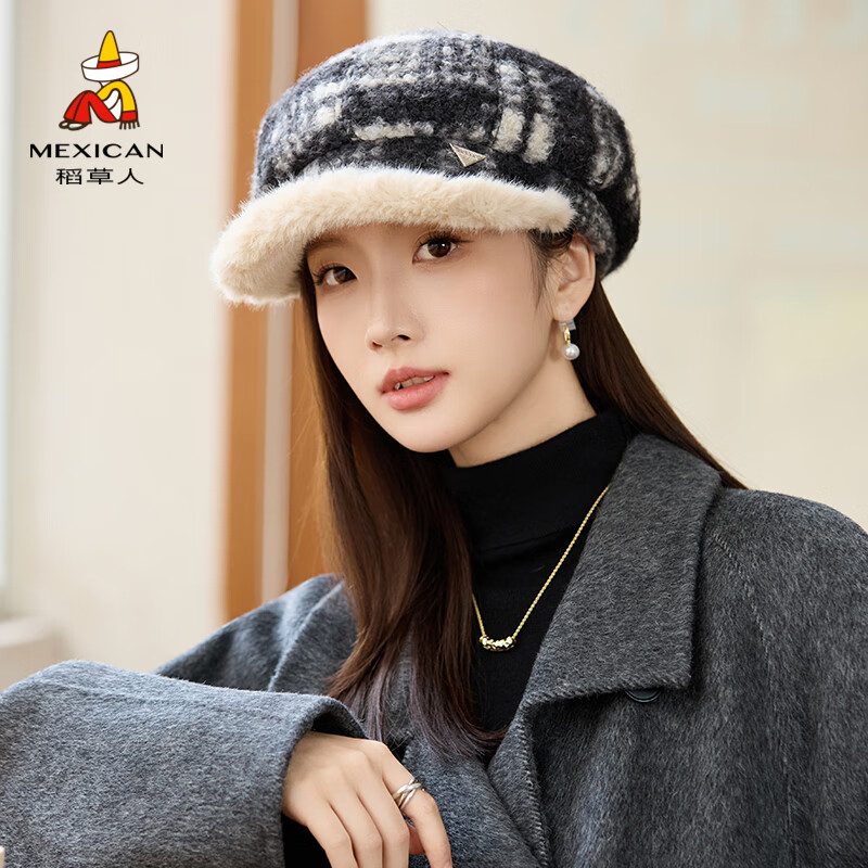 稻草人贝雷帽女2025秋冬季新款百搭保暖防寒贝雷帽加绒显脸小八角帽洋气 黑色 均码