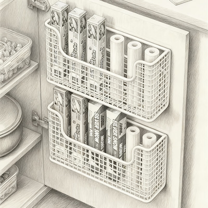 尔思家厨房壁挂收纳柜门挂篮冰箱橱柜内侧置物架调料保鲜膜浴室简易挂架 白色大号