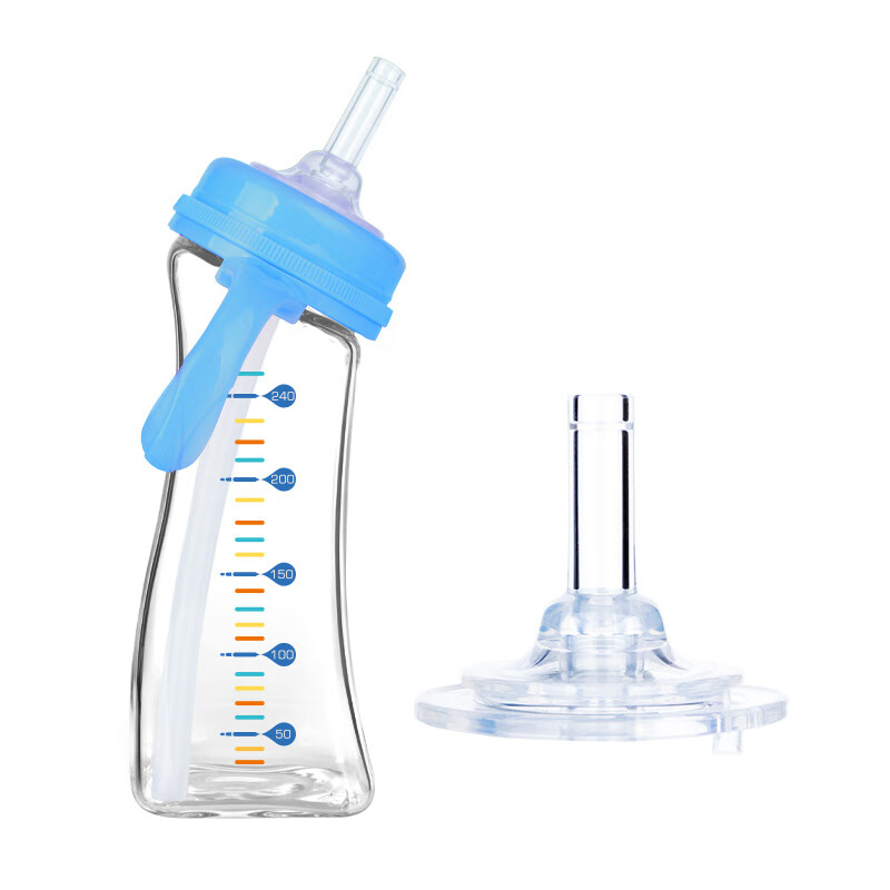 M&M弧形玻璃吸管杯儿童喝奶杯子 1岁以上宝宝水壶mm吸管杯直饮奶瓶 海洋 240ml +直饮吸嘴*1