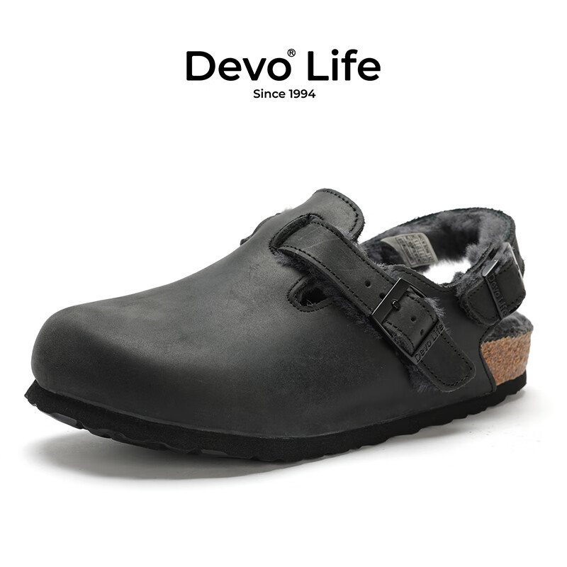 Devo的沃软木拖鞋包头半包加绒加毛外穿冬季保暖勃肯拖鞋女鞋23007 黑色油蜡皮+黑毛 38 （建议正码正拍）