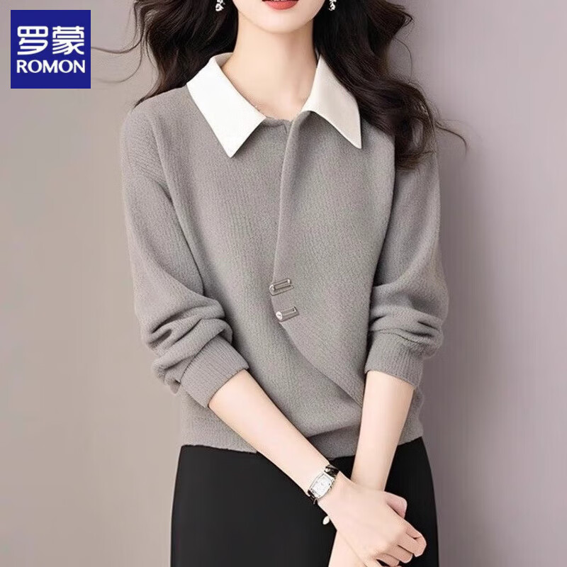 罗蒙（ROMON）假两件灯芯绒加厚衬衫女秋冬季时尚撞色氛围感宽松休闲Polo领上衣 浅灰色 L  适合100-110斤