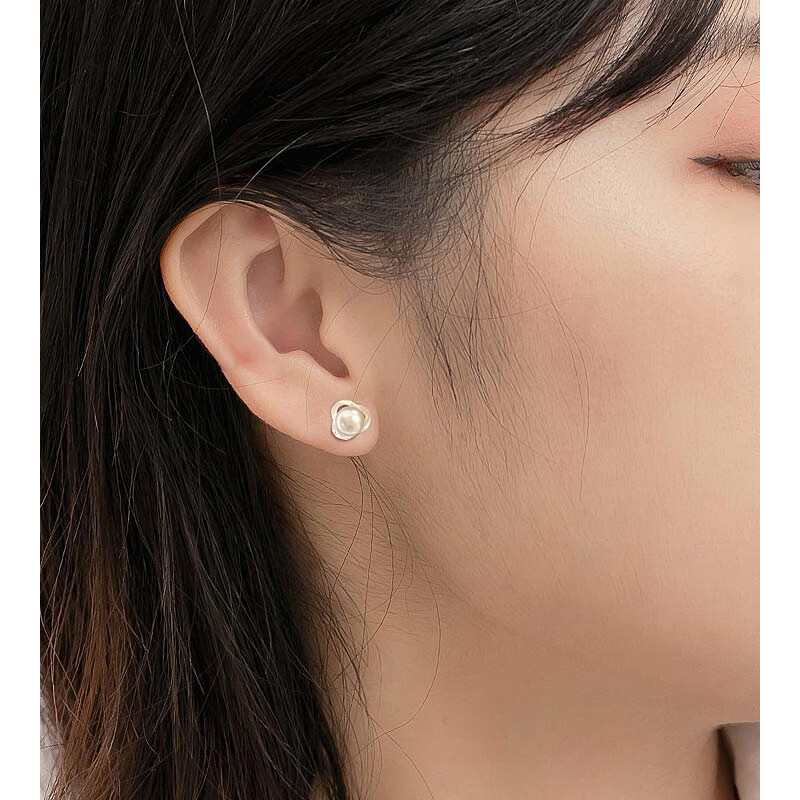 S999珍珠耳钉女简约时尚百搭耳骨钉淡水拧螺丝2023年新款妈妈礼物 银色 足银