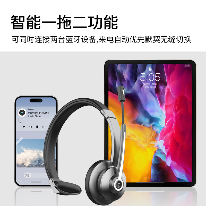 亿家通旗舰新品S500DBT主动降噪有线AI智能头戴式耳机有线电脑游戏耳麦话务会议客服2025 S500BT-主动降噪ENC-蓝牙无线-炭灰色