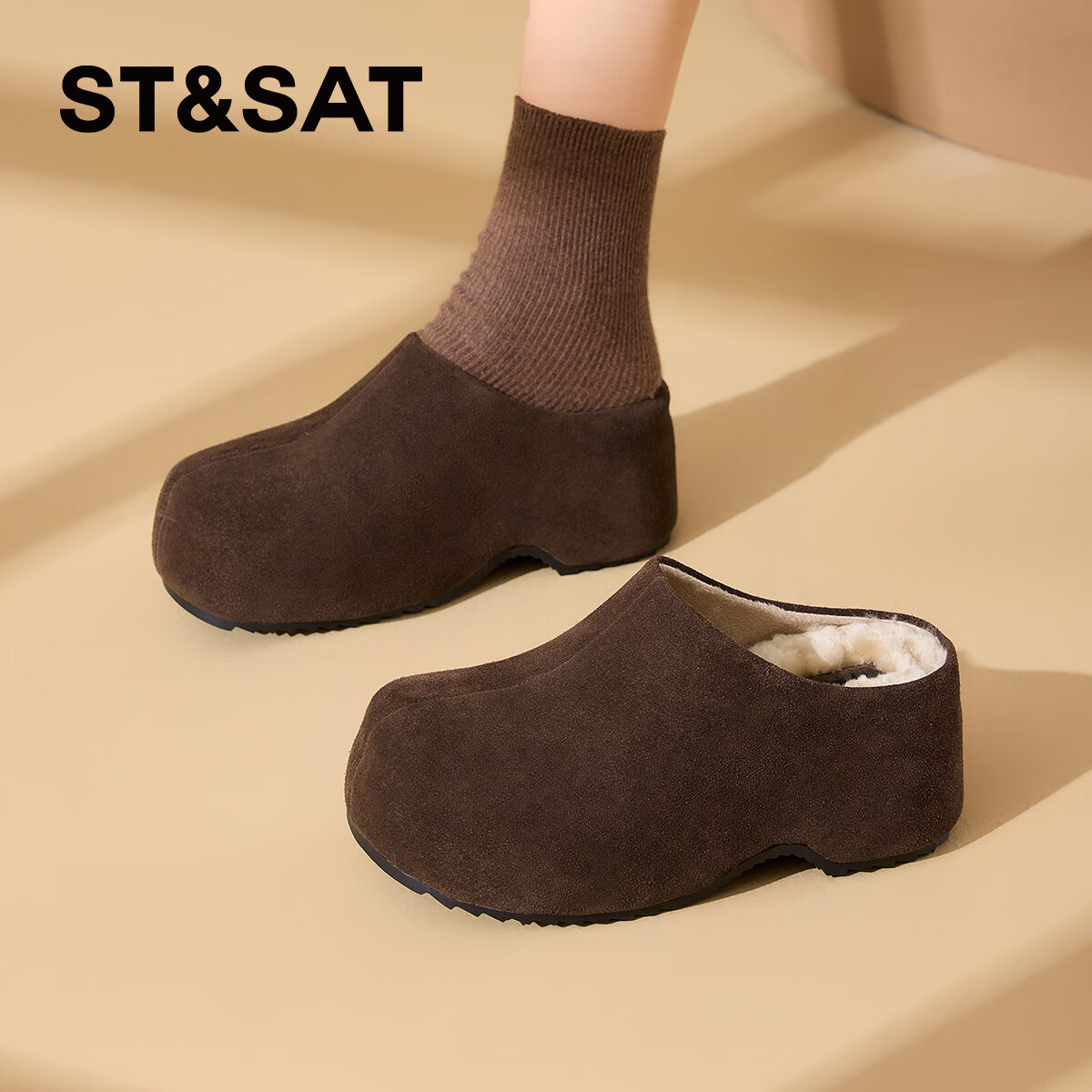 星期六厚底勃肯鞋女款2025新款冬季加绒包头真皮女鞋复古增高棉鞋穆勒鞋 咖啡色 【厚底加绒】跟高6.5cm 35
