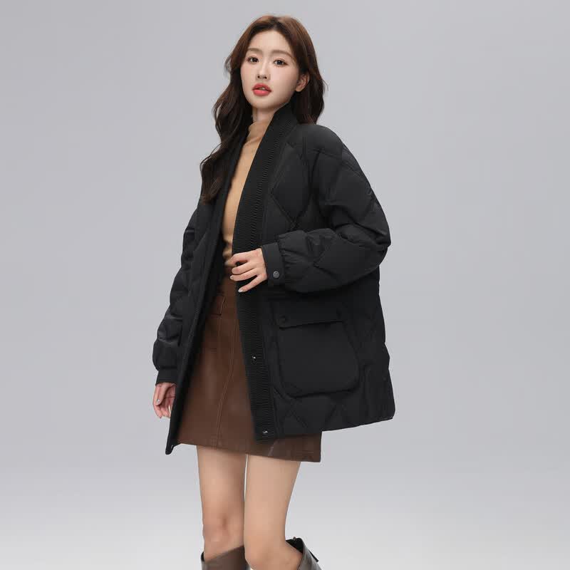 雪中飞秋冬时尚休闲大V领锁绒菱格绗线【反季清仓】】女士短款羽绒服 黑色 M 165/88A
