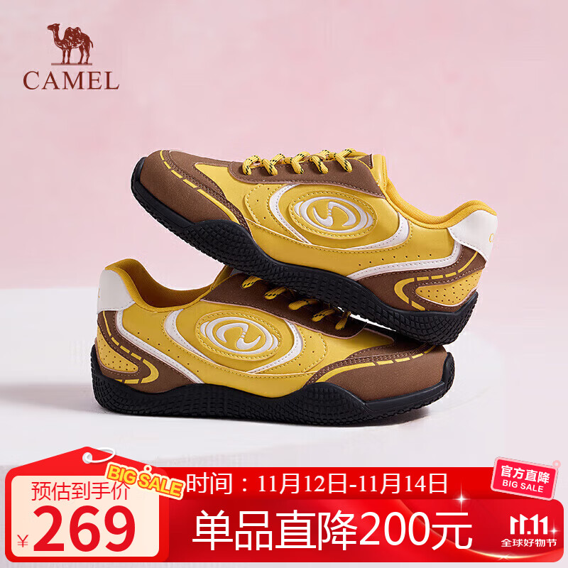 骆驼（CAMEL）月牙2.0德训鞋女多色拼接增高运动休闲鞋 L25S577059C 黄/棕 37