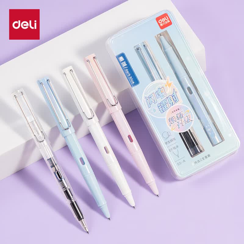 得力（deli）学生练字钢笔EF暗尖 正姿学生文具 (1笔2墨蓝墨囊) S5-A EF尖(约0.38mm) 颜色随机