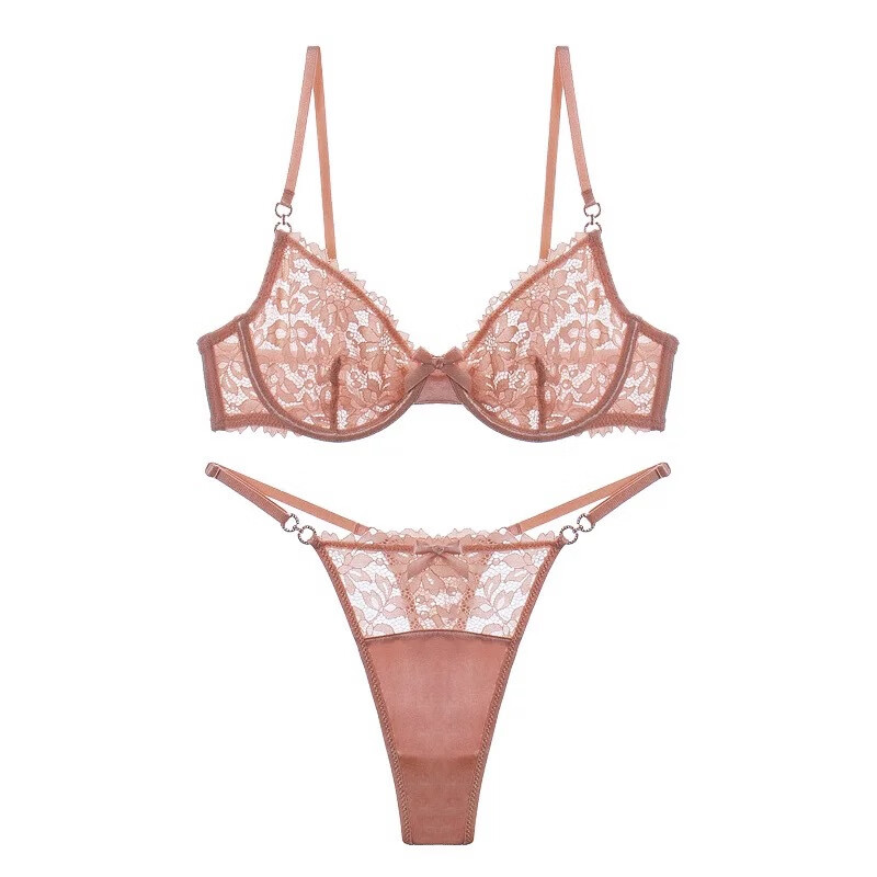 VICTTORIS BARS维多有钢圈大胸显小新款性感超薄蕾丝内衣套装防下垂文胸罩 黄色套装 XL 【适合85A.85B.85C】配XL码内裤