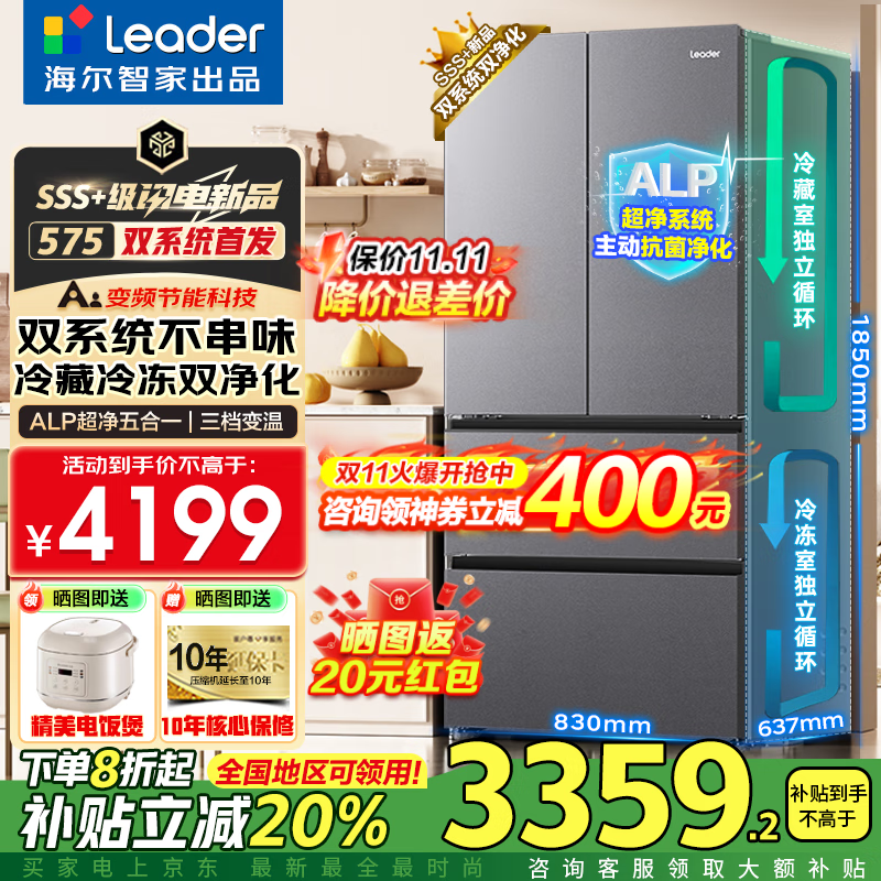 海尔出品统帅Leader双系统冰箱575【新品首发】法式多门家用双循环风冷无霜一级能效变频节能电冰箱 双系统双循环+ALP超净系统+三档变温