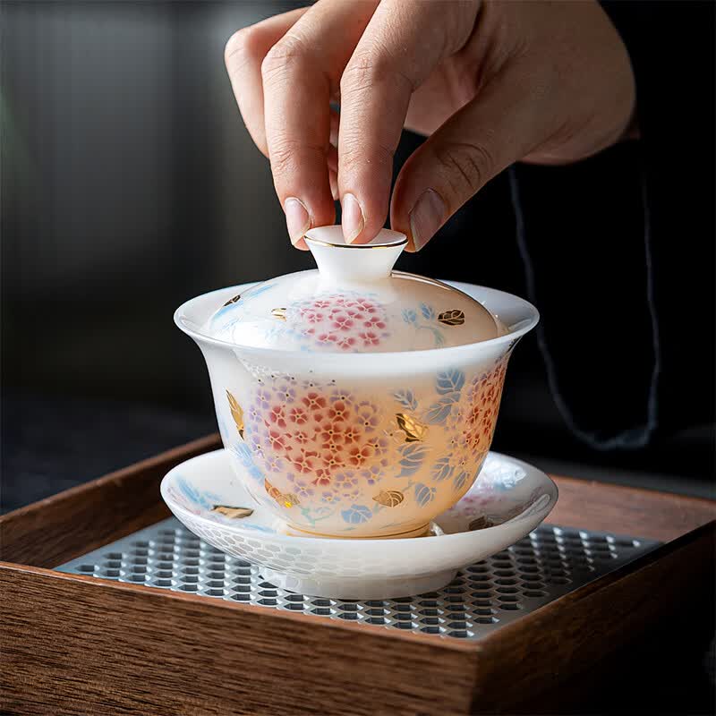 苏氏陶瓷高端冰种玉瓷绣球花盖碗功夫茶具套装节日送礼配马上有钱礼盒装