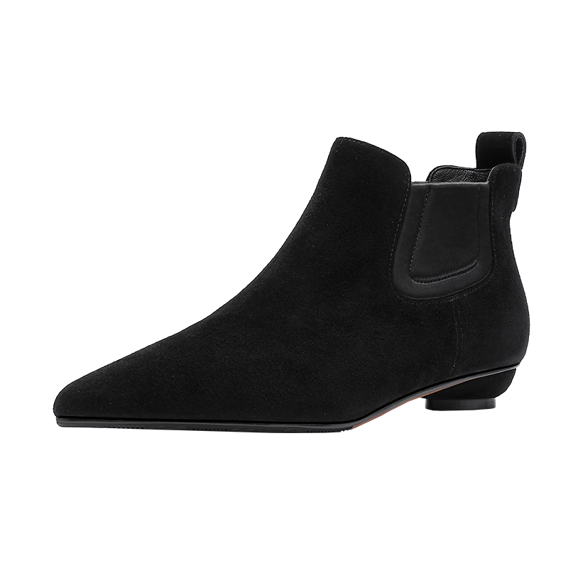 哈森短靴軟底翻毛皮及踝靴尖頭粗跟春秋百搭單靴女HWA240125 黑色 加絨 37