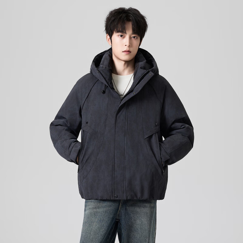 快鱼厚短款羽绒服男2025新款冬季立领连帽男士外套工装风时尚潮流上衣 黑色 XL