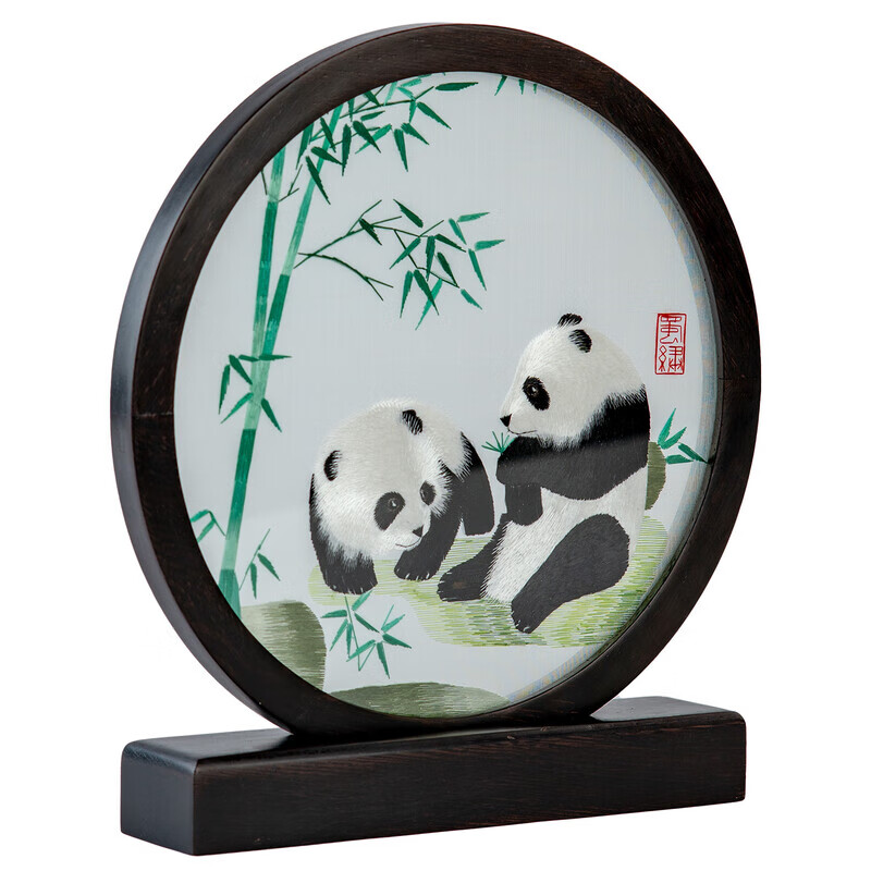 卓誉造物蜀绣熊猫双面绣屏风工艺品摆件中国风特色出国礼品送老外刺绣礼物 守望熊猫