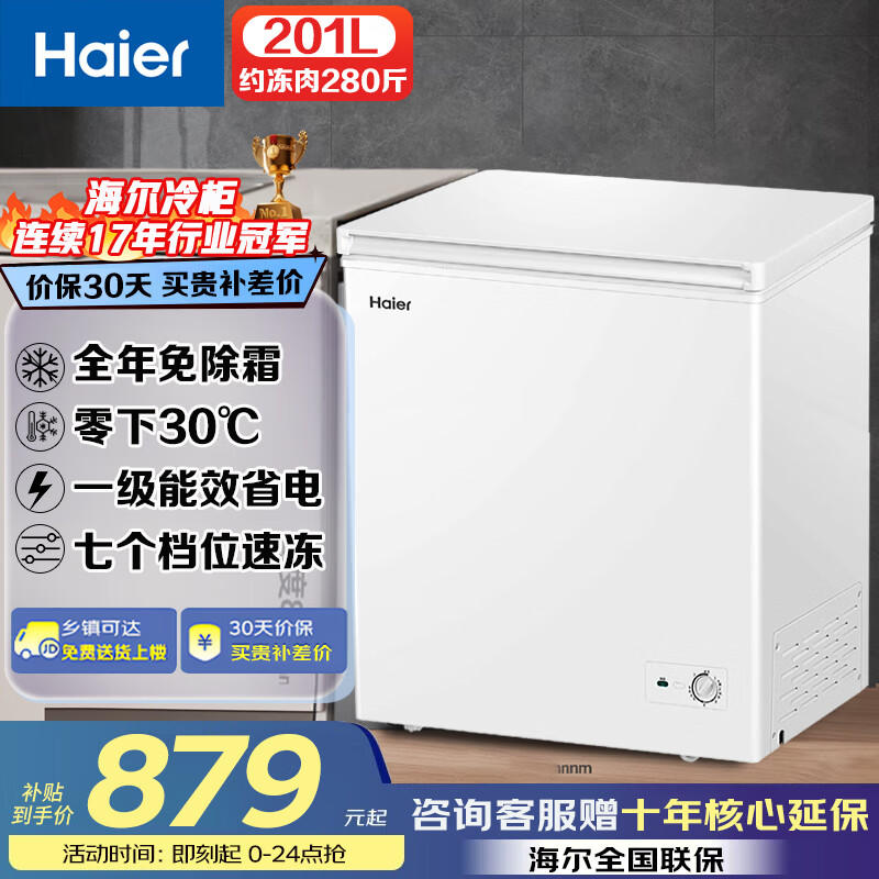 海尔（Haier）【零下30免除霜】一级能效家用冷柜节能小冰柜冷藏冷冻两用商用冷冻柜非无霜省电海尔冰柜200升201 200升免除霜+零下30℃ 200升