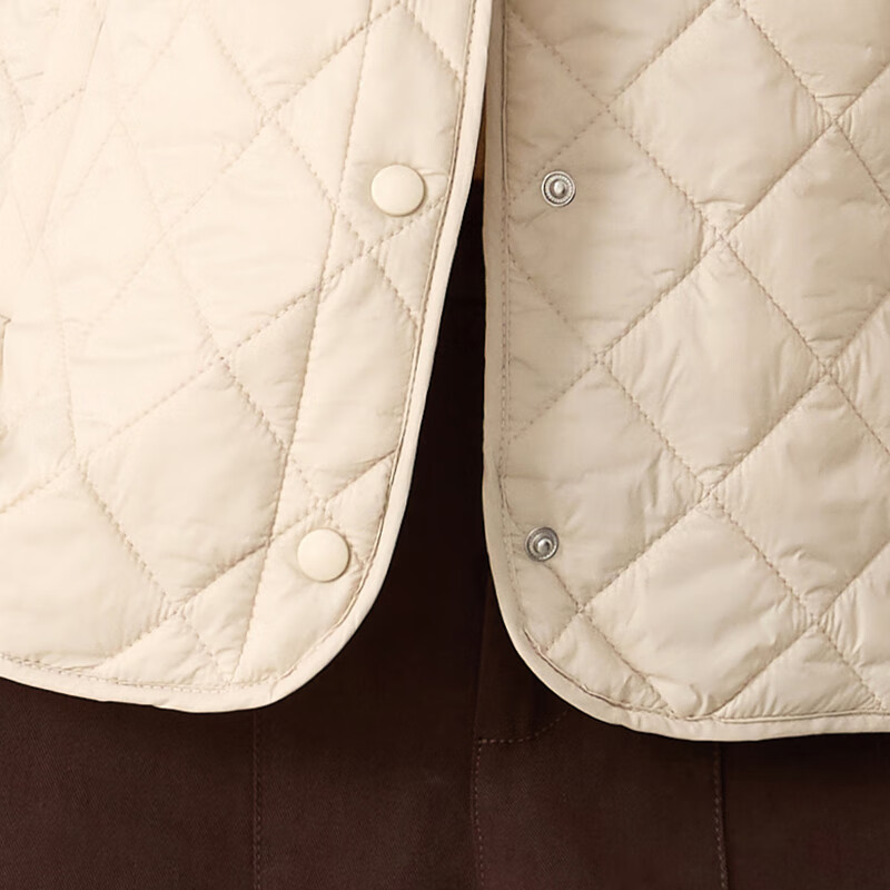 子牧棉麻秋冬装 女轻薄款棉服圆领短款时尚菱形格外套1508 黑色 M (建议95-115斤)