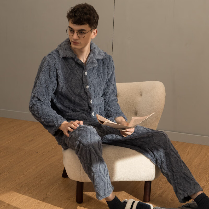 芬腾男士睡衣珊瑚绒家居服套装秋冬保暖 M98241403-灰兰 XL