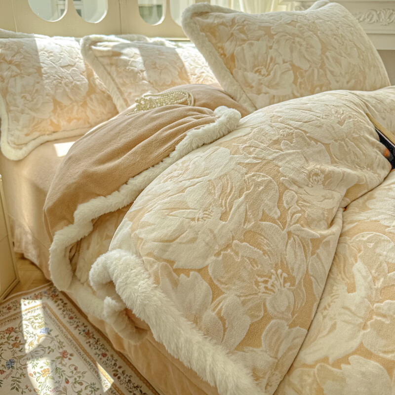 巴雷特 A类加厚拉绒雕花牛奶绒冬季保暖四件套 床笠水晶绒加密型绒套件 暖杏花语c 床单款 1.5米床(被套200*230cm