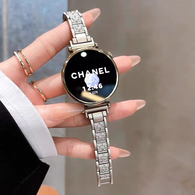 适用华为gt6手表表带GT5pro金属18mm闪钻轻奢满天星gt4表配件41mm手watch5/4pro女GT3腕带透气夏 金色锌合金三株闪钻 华为 GT4/GT5/GT6【41mm】