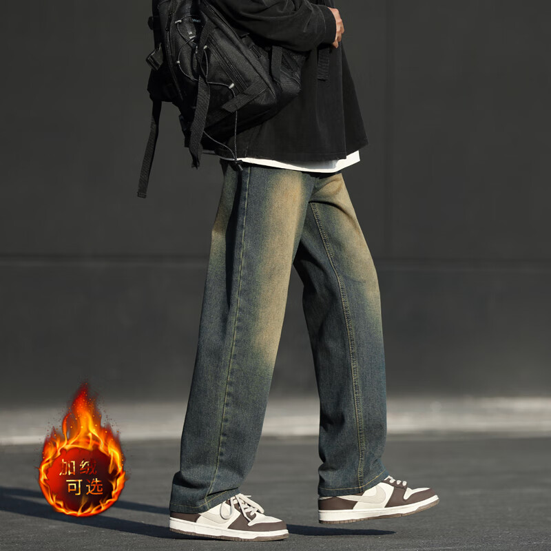 HIPANDA你好熊猫男裤2025年秋冬美式宽松水洗直筒牛仔裤复古休闲长裤子男 青蓝色-加绒款 XL