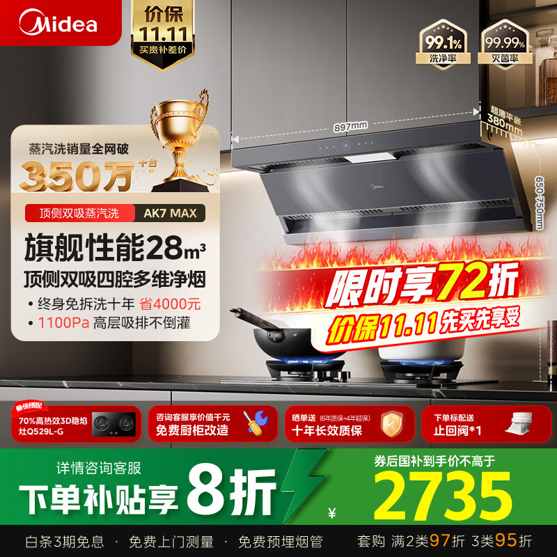 美的（Midea）【蒸汽洗AK7max】抽吸排油烟机家用28风量顶侧双吸变频自清洁烟机以旧换新国家补贴20%可配燃气灶	