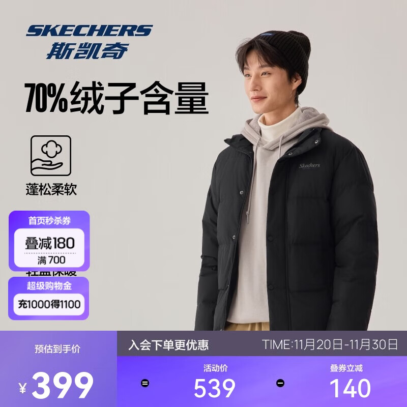 斯凯奇（Skechers）男女同款500+蓬松户外鸭绒防污防油防沾水冬季保暖立领羽绒服