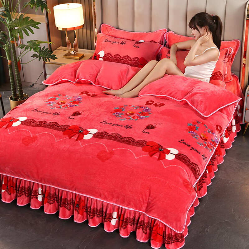 【双11特惠】冬季牛奶绒四件套加厚保暖厚双面绒被套床单珊瑚绒 爱情故事 2.0米床 床单款 （被套200*230cm）