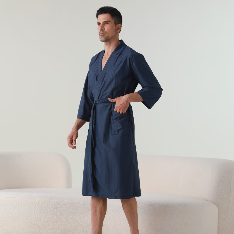 赛图蒙 情侣睡袍女春夏季凉感丝男士浴袍浴衣薄款睡衣家居服 2304藏青【男款】 M (150-160CM,80-125斤)