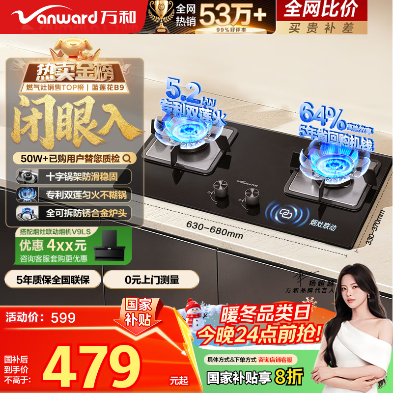 万和（Vanward）【蓝莲花B9·5.2kW】天然气燃气灶猛火烟灶联动以旧换新国家补贴20%嵌入式家用煤气双炉具台B9L50