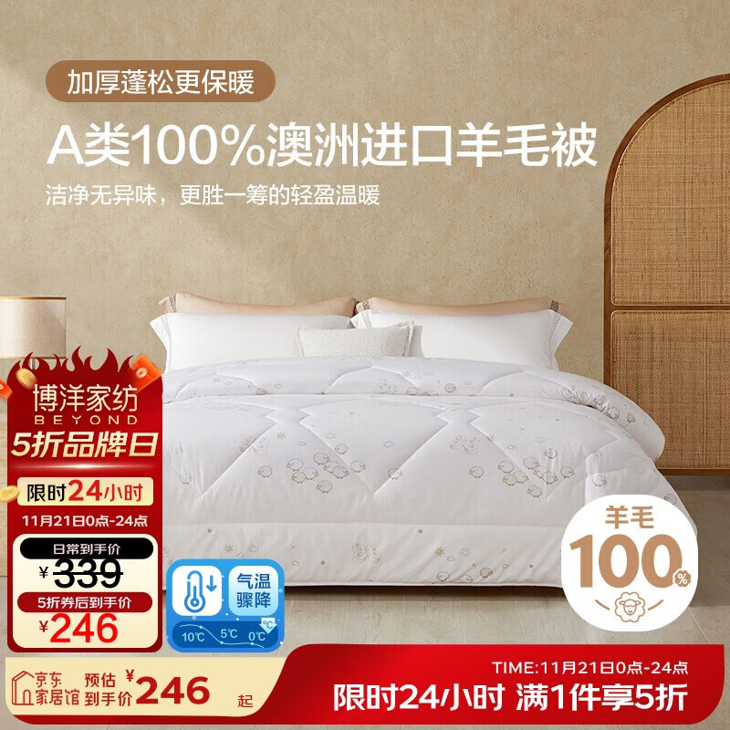 博洋家纺 A类抑菌100%澳洲进口羊毛被被芯 加厚冬被子 200*230cm