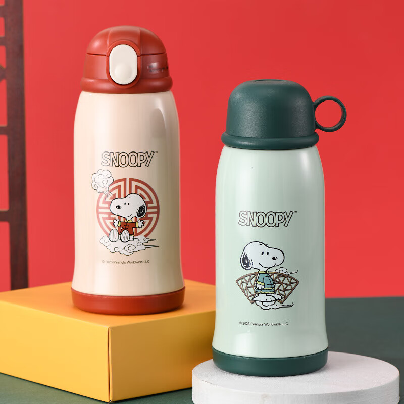 史努比儿童保温杯316不锈钢带吸管大容量水壶男女学生上学专用国潮水杯 蓝色-国潮【杯刷+吸管刷】