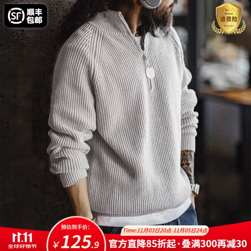 马登工装美式半拉链立领毛衣男秋季半高领竖线肌理百搭弹力男士针织衫 烟灰色 (宽松偏大) L (175)