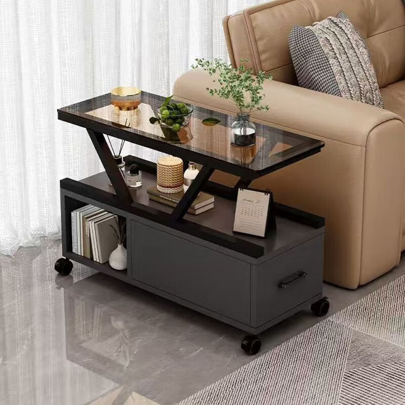 倘然之家新款沙发玻璃边几家用客厅小桌子茶几轻奢可移动桌子角几柜置物柜 60x30x57 灰柜+黑玻璃