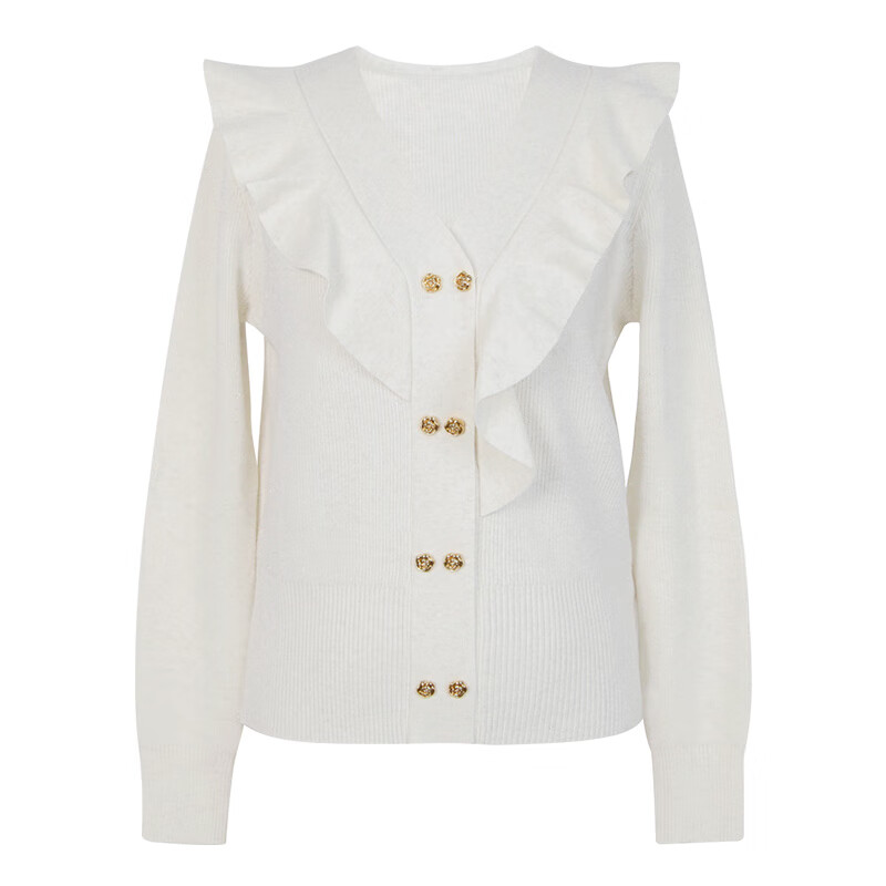 朵以2025冬季新款温柔玫瑰双排扣荷叶边收腰亮丝毛衣V领针织衫 香草白 均码