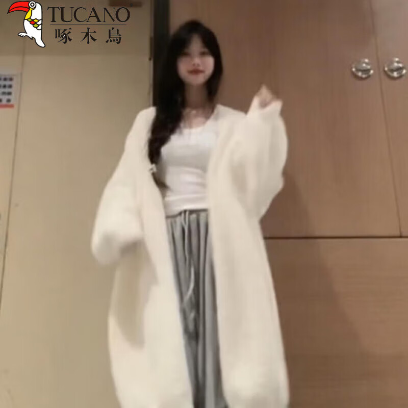 啄木鸟水貂绒毛衣外套女宽松外搭慵懒风中长款白色针织开衫浴袍大衣秋冬 白色 【长款过膝】 2XL 建议130-150/斤