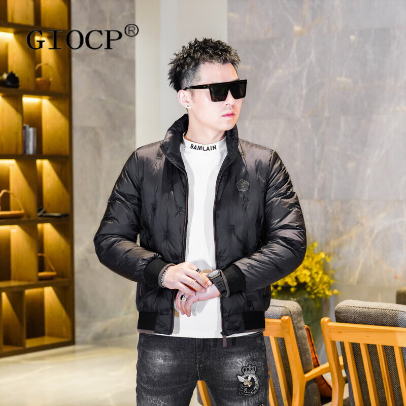 GIOCP香港潮牌羽绒服冬季新款刺绣潮流男士轻薄保暖鸭绒休闲立领外套男 黑色 M