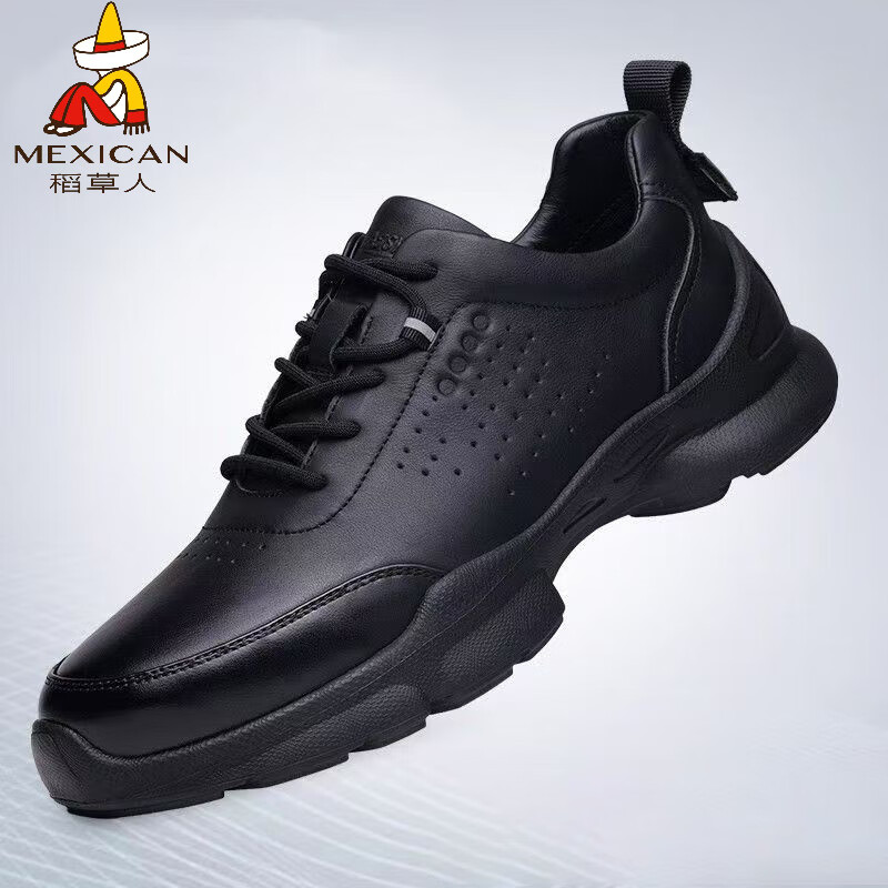 稻草人（MEXICAN）男鞋2026年秋季透气运动休闲工作鞋男士软底软皮鞋厚底全黑色男鞋 P-88黑色 38
