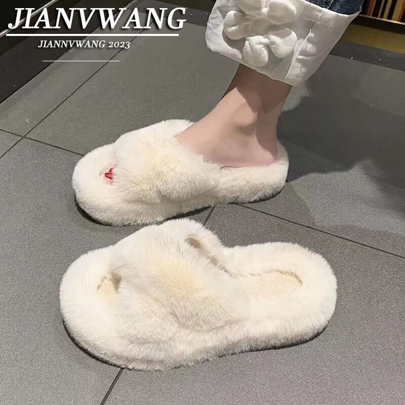 清洁JTT 黑色交叉毛毛拖鞋 36-37