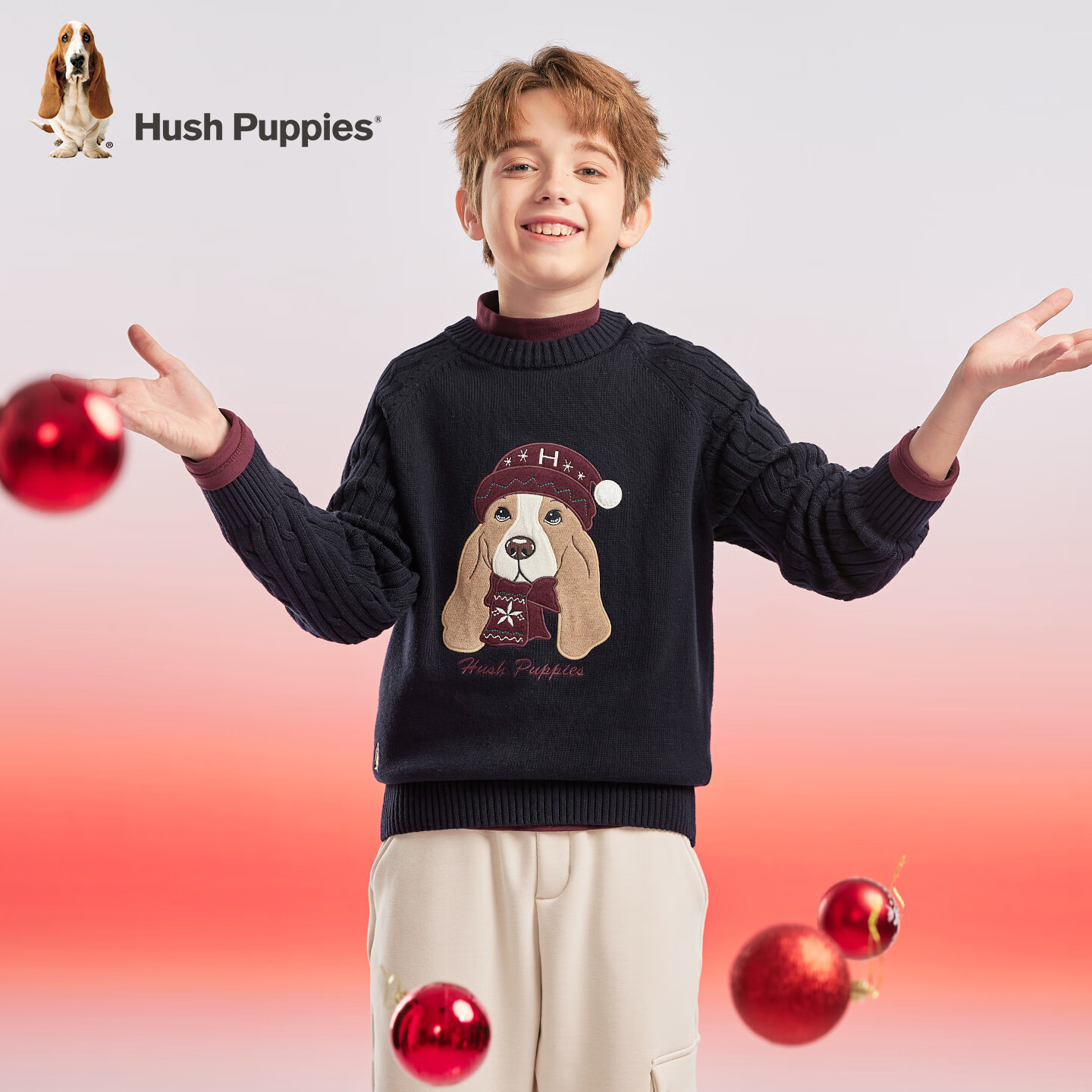 暇步士（Hush Puppies）童装儿童男女大童2025冬季新款圣诞系列云端棉感温柔呵护套头线衣 藏蓝 150 cm