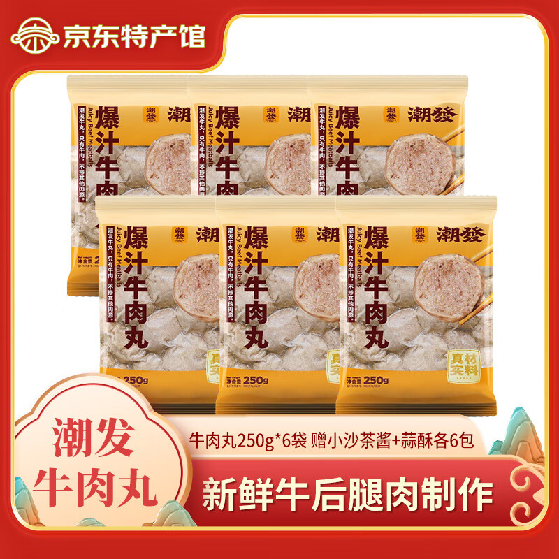 潮发潮汕正宗牛肉丸牛筋丸烧烤火锅食材关东煮空气炸锅麻辣烫 250g/袋 牛肉丸6袋 赠小沙茶酱+蒜酥各6包