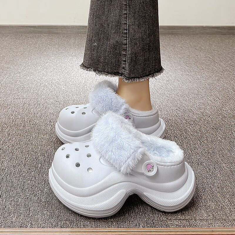 仙女风松糕厚底棉鞋女冬季防水外穿可爱超时尚包跟加绒防滑棉拖鞋 黑色 35