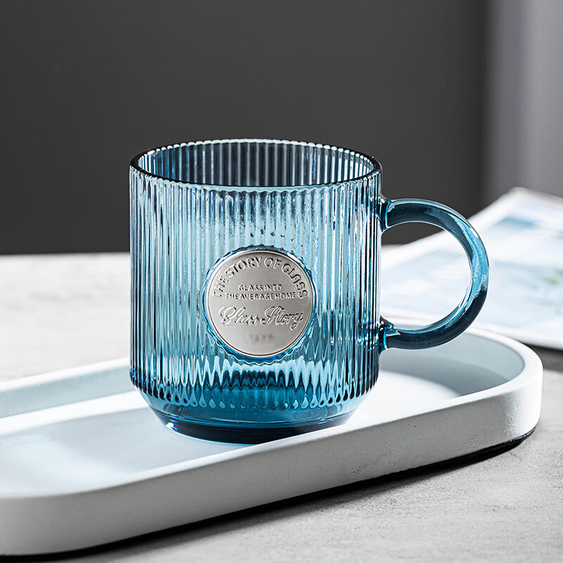 乐唯诗（LOVWISH）竖纹玻璃杯带把手喝水杯子ins高颜值咖啡杯家用泡茶杯加厚牛奶杯 墨蓝竖纹巴克杯【双色混装】330ml/2只