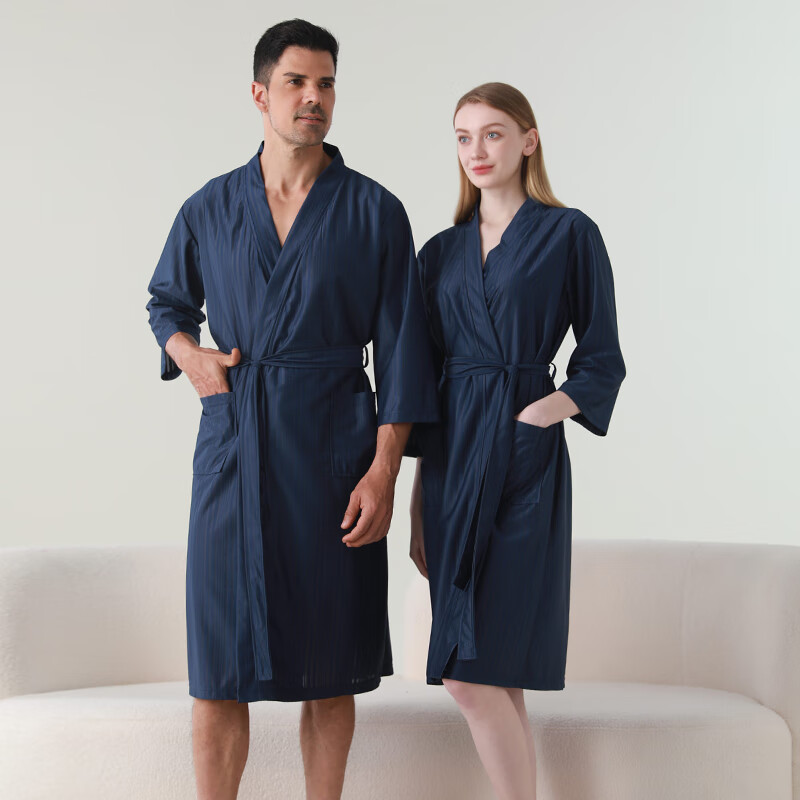 赛图蒙 情侣睡袍女春夏季凉感丝男士浴袍浴衣薄款睡衣家居服 2304藏青【男款】 M (150-160CM,80-125斤)