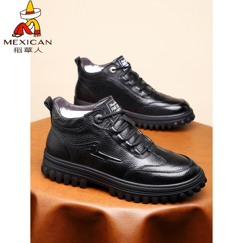稻草人（MEXICAN）纯羊毛棉鞋男加绒加厚冬鞋保暖真皮头层牛皮高帮皮鞋爸爸冬季新款 黑色 38