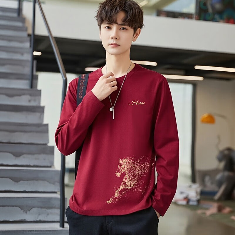 TEEK马年本命年衣服纯棉男士长袖T恤 2026新年国潮风骏马贺岁拜年上衣 HC2933酒红色 3XL