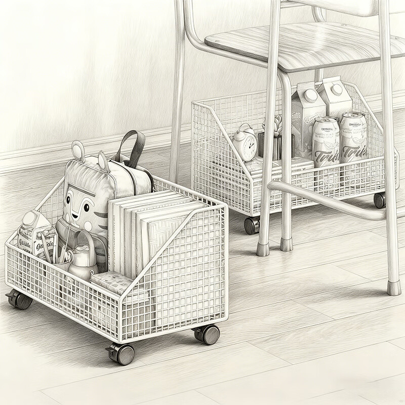 尔思家书本收纳箱教室用高中生书箱带滑轮桌下可移动装书筐学生课桌架 草葱白单层大号【移动款】