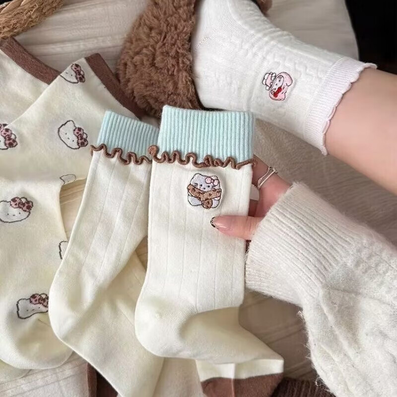 清洁JTT 纯色中筒袜四双装 蝴蝶结kt猫软糯袜子