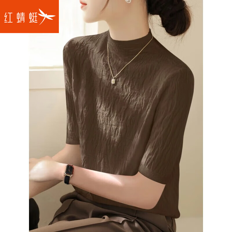 红蜻蜓（RED DRAGONFLY）春秋新款高级感T恤女上衣五分袖针织衫年半高领中袖修身打底 深棕色 3XL 【建议140-150斤】