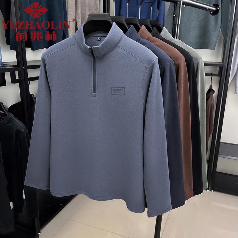 俞兆林（YUZHAOLIN）男士德绒长袖t恤秋冬季保暖半拉链打底衫中青年半高领体恤衫潮流 豆绿色 2XL （建议155到170斤穿）