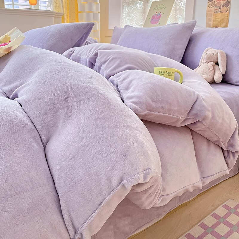 猫人（MiiOW）冬季纯色牛奶绒四件套简约加绒床单被套罩三件套加厚秋冬宿舍床品 浅紫【柔软亲肤】 1.2m 床单款 三件套-150x200cm被套