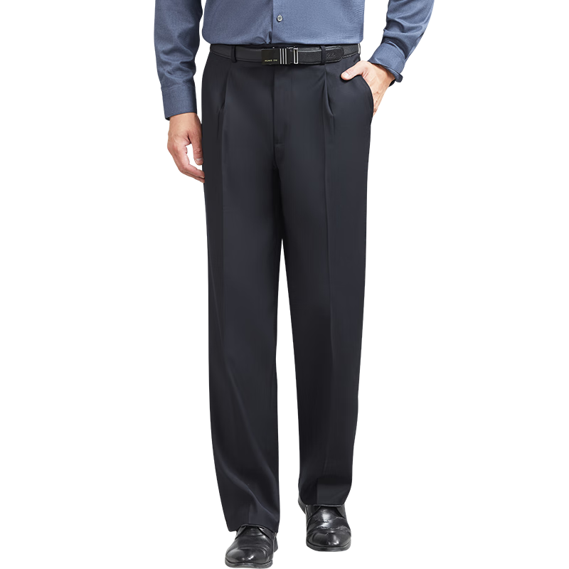 红都秋冬新款男士西裤单褶宽松西装裤商务高腰中年职业直筒男装裤 蓝色KL8350-2 42